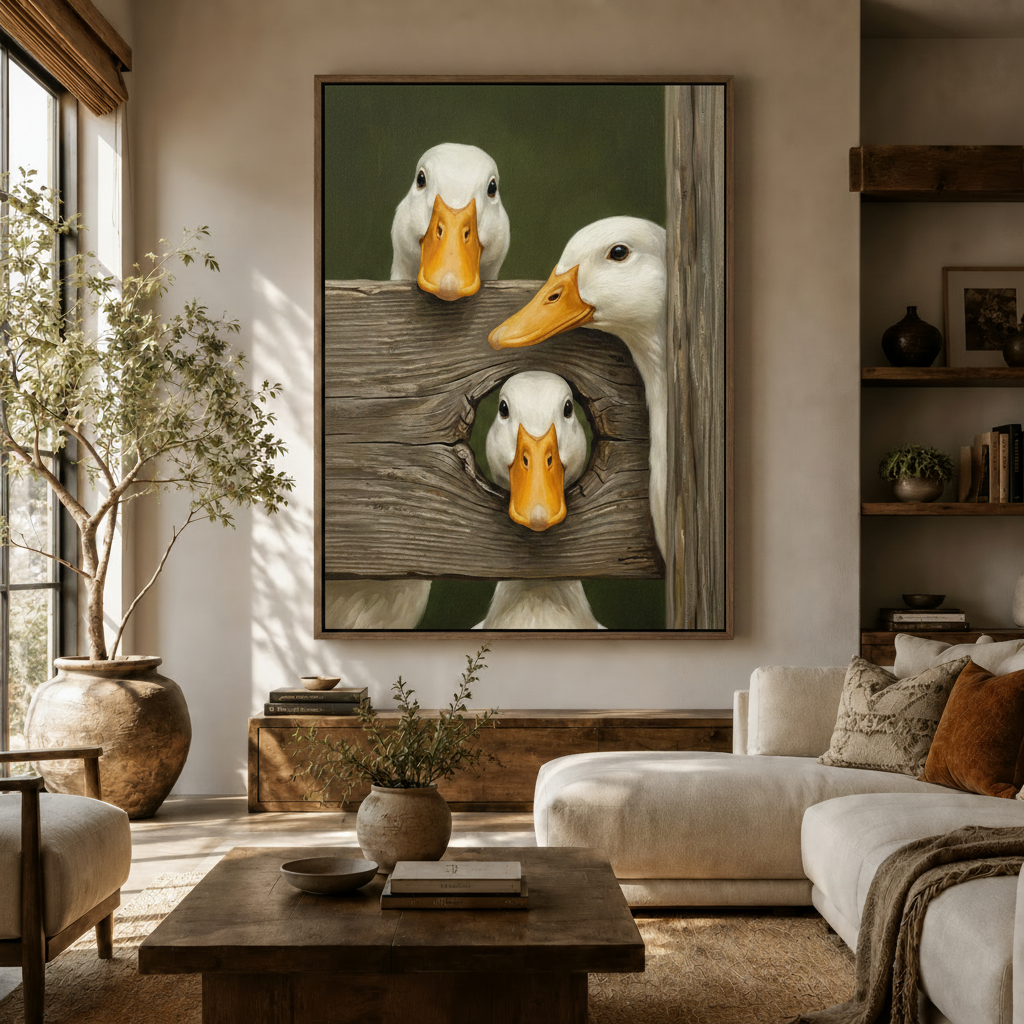 Funny white ducks peeking through wooden fence realistic canvas wall art in a warm living room