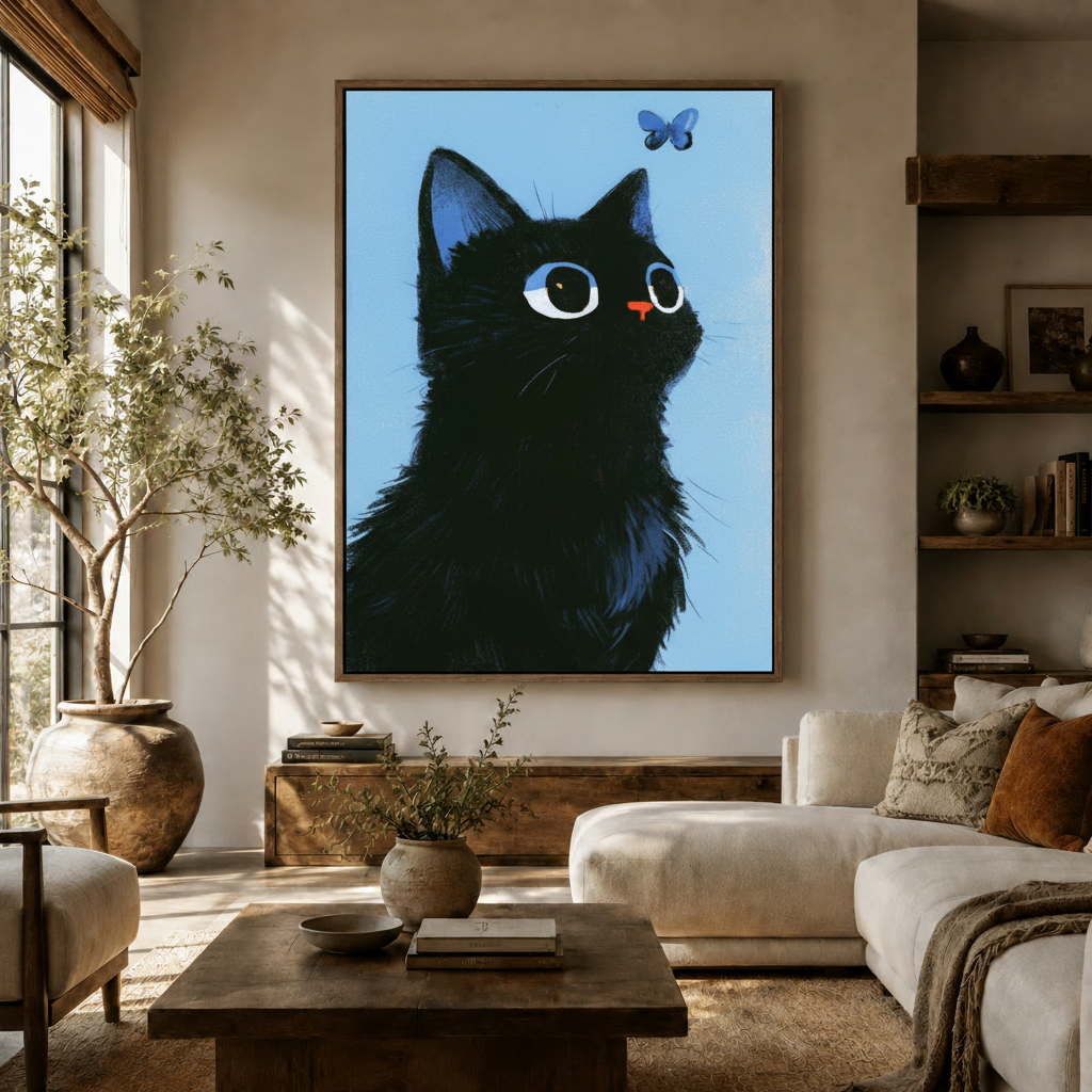 Whimsical black cat canvas wall art displayed in a warm neutral living room above a walnut console
