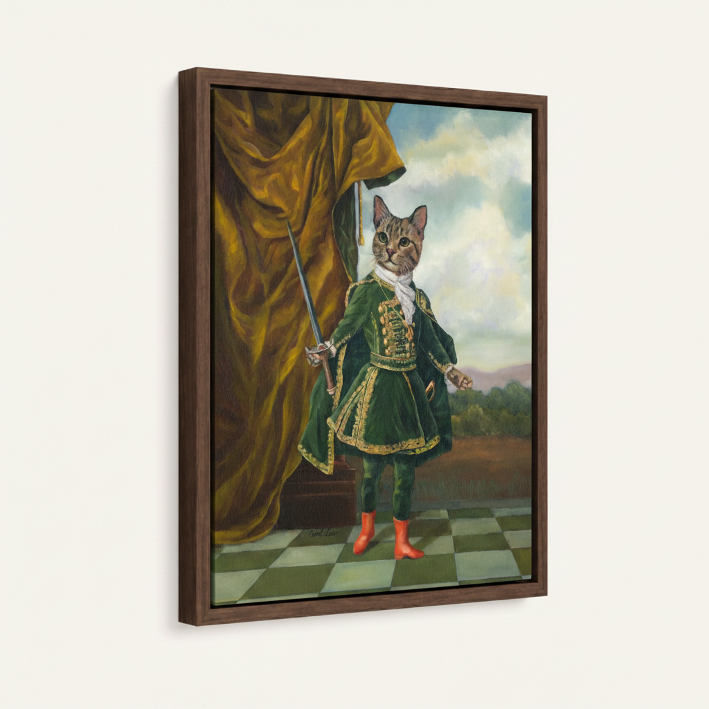 Dapper cat portrait framed canvas wall art – baroque oil painting with cat in green velvet coat and red stockings on checkered floor by Aurewall