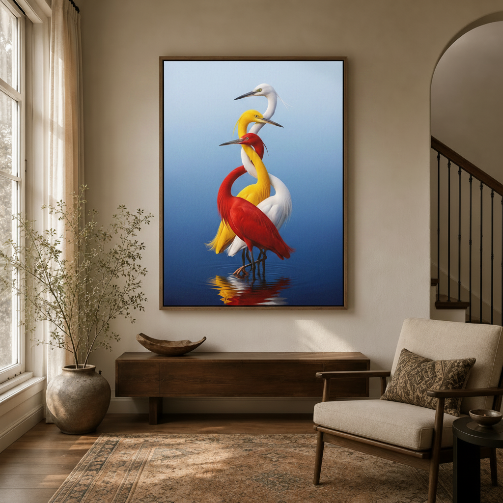 Colorful heron oil painting canvas wall art displayed in elegant home entryway foyer