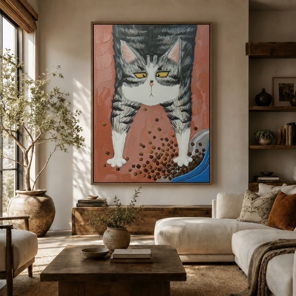 Whimsical grumpy tabby cat oil painting canvas displayed in warm neutral living room above wooden sideboard