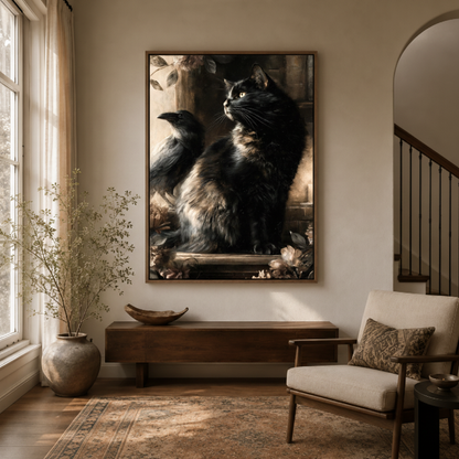 Black cat raven dark canvas wall art in study – gothic moody oil painting as dramatic statement piece for dark aesthetic decor by Aurewall