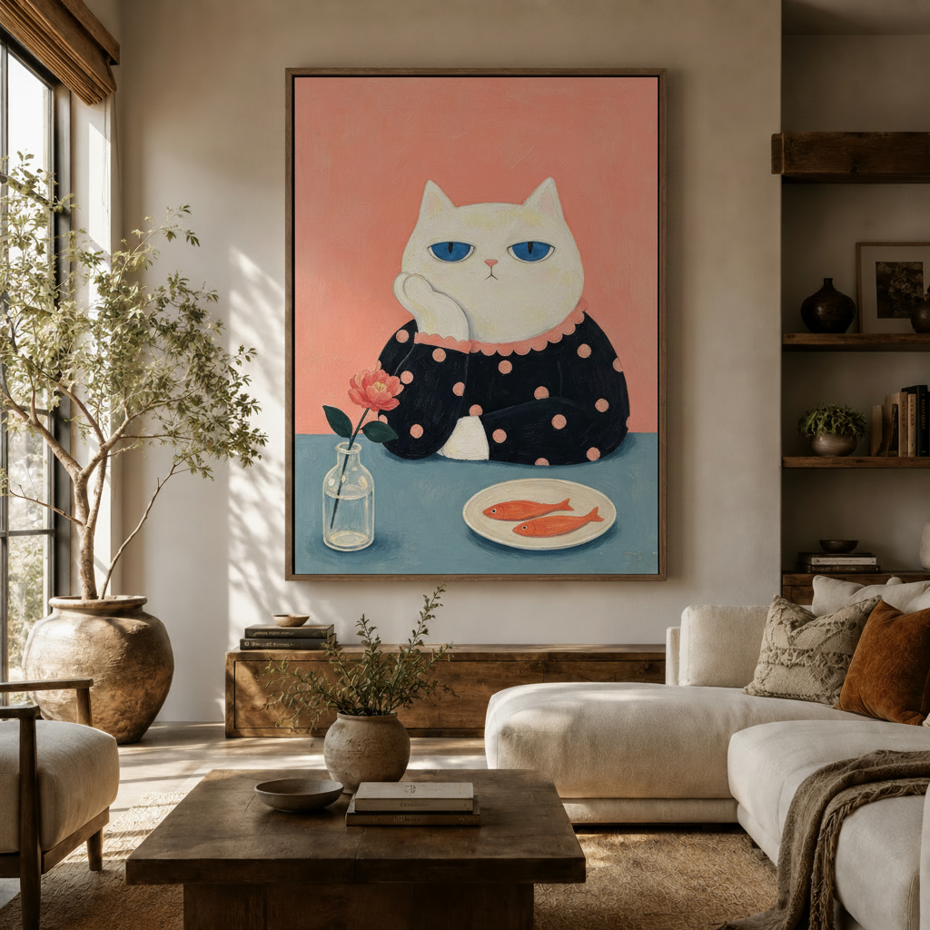 Whimsical white cat portrait canvas art hanging in a warm neutral living room with olive tree