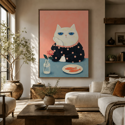  Whimsical white cat portrait canvas art hanging in a warm neutral living room with olive tree