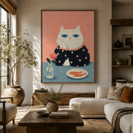  Whimsical white cat portrait canvas art hanging in a warm neutral living room with olive tree