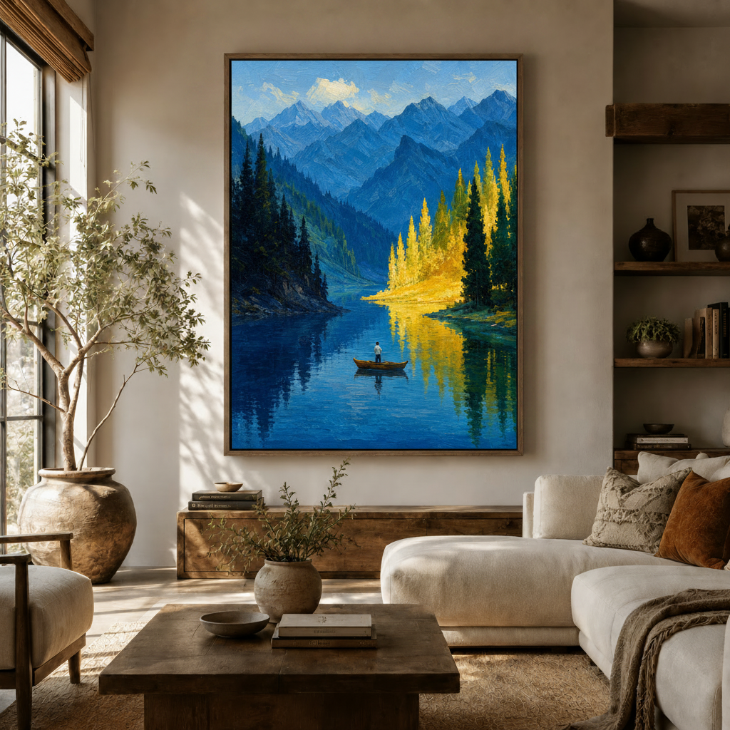 Impressionist mountain lake oil painting canvas print displayed above console in warm neutral living room