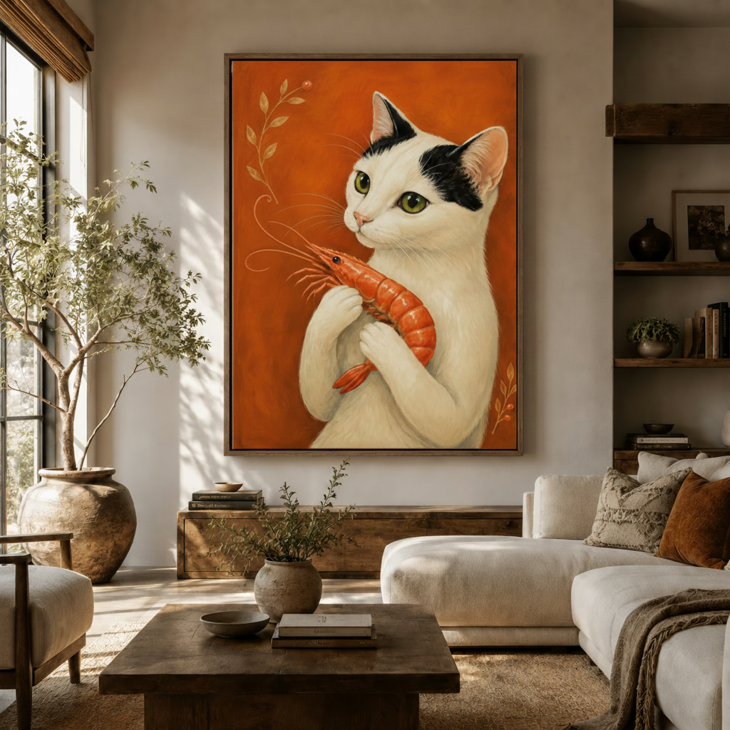  Cat holding shrimp classical oil painting canvas displayed in a warm neutral living room above a wood console