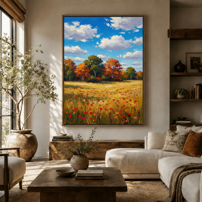Autumn field poppy impasto oil painting canvas displayed above a wooden sideboard in a warm neutral living room
