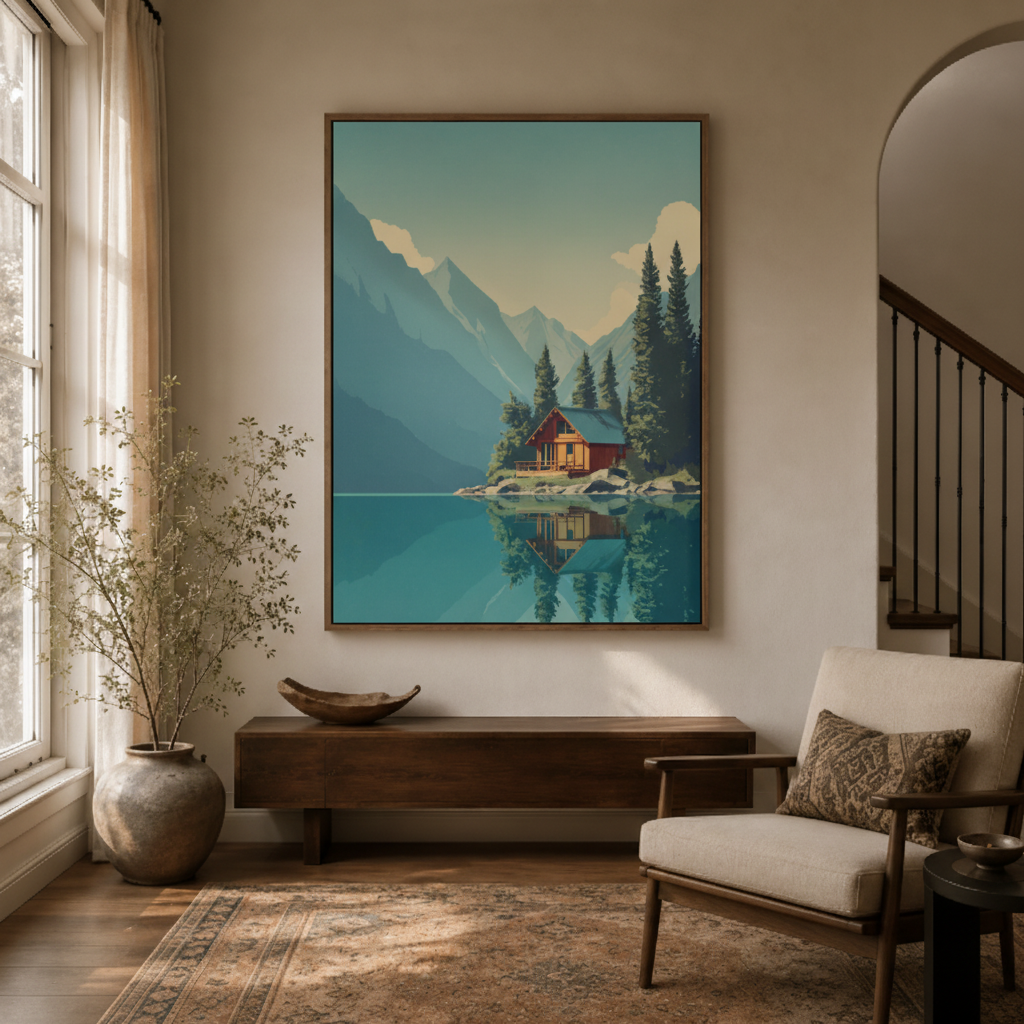 Lake cabin minimalist canvas wall art in home office – modern mountain lake nature print as peaceful statement piece by Aurewall