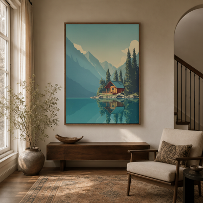 Lake cabin minimalist canvas wall art in home office – modern mountain lake nature print as peaceful statement piece by Aurewall