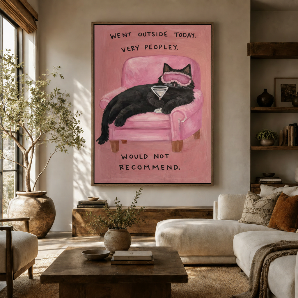 Funny black cat martini pink chair canvas displayed above a wooden sideboard in a warm neutral living room