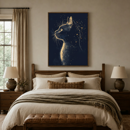 Golden cat silhouette mystical canvas print displayed above bed in cozy bedroom