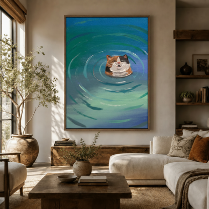 Swimming cat acrylic illustration canvas print displayed above sofa in warm earthy living room