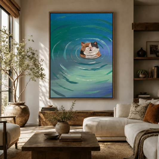 Swimming cat acrylic illustration canvas print displayed above sofa in warm earthy living room