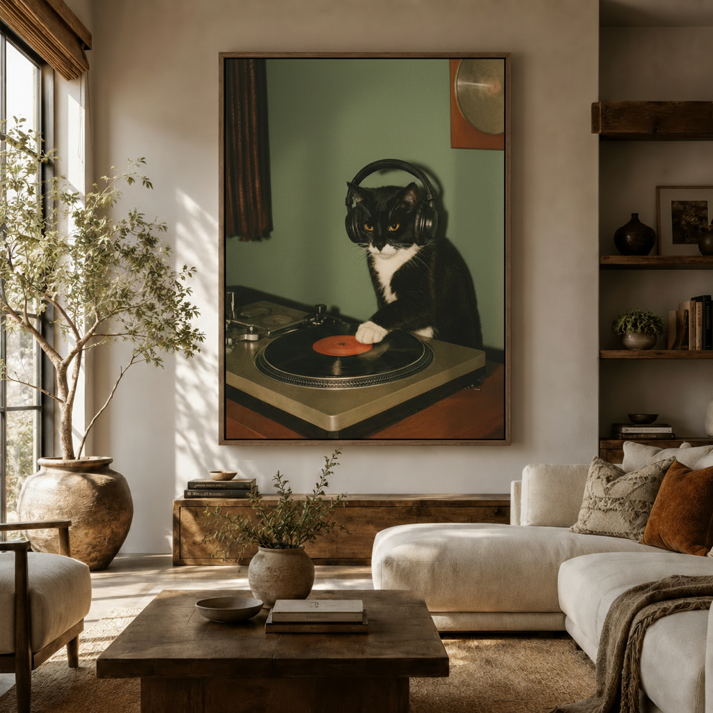 Retro DJ cat with headphones on vinyl turntable canvas print above sideboard in warm neutral living room