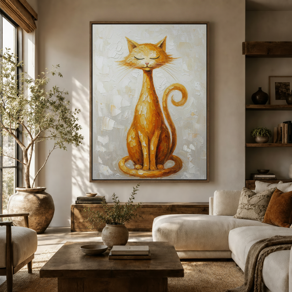 Serene orange cat canvas wall art displayed in a warm boho living room above a wooden console