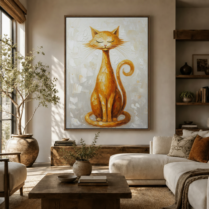 Serene orange cat canvas wall art displayed in a warm boho living room above a wooden console