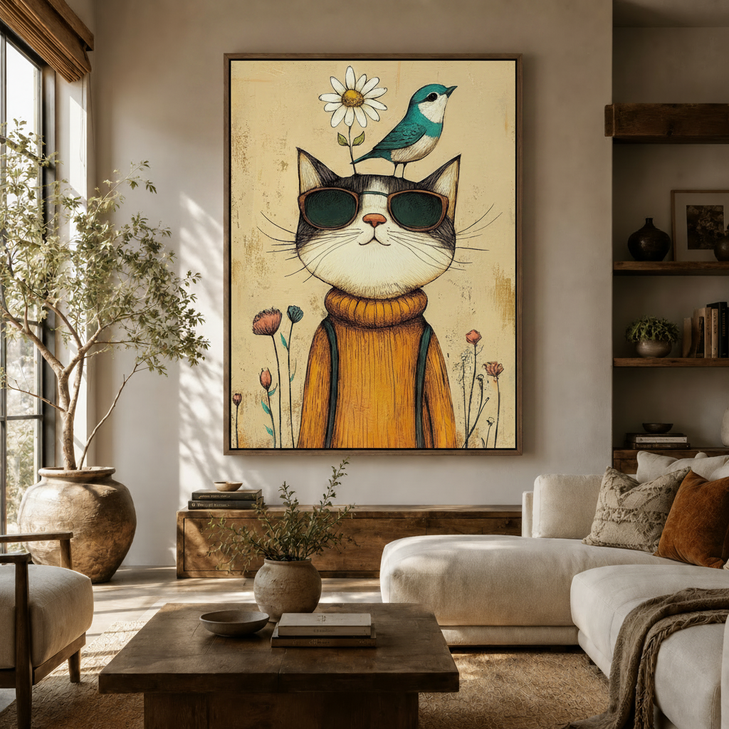 Whimsical cat canvas wall art in a warm neutral living room above a wooden console and olive tree