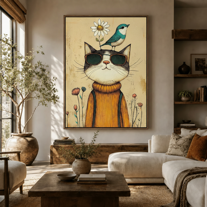 Whimsical cat canvas wall art in a warm neutral living room above a wooden console and olive tree