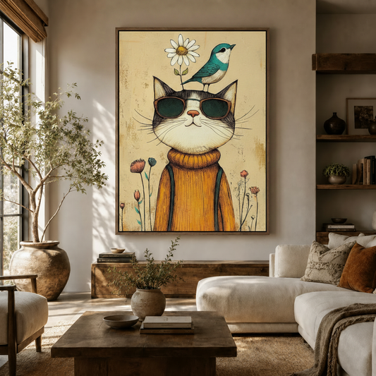Whimsical cat canvas wall art in a warm neutral living room above a wooden console and olive tree