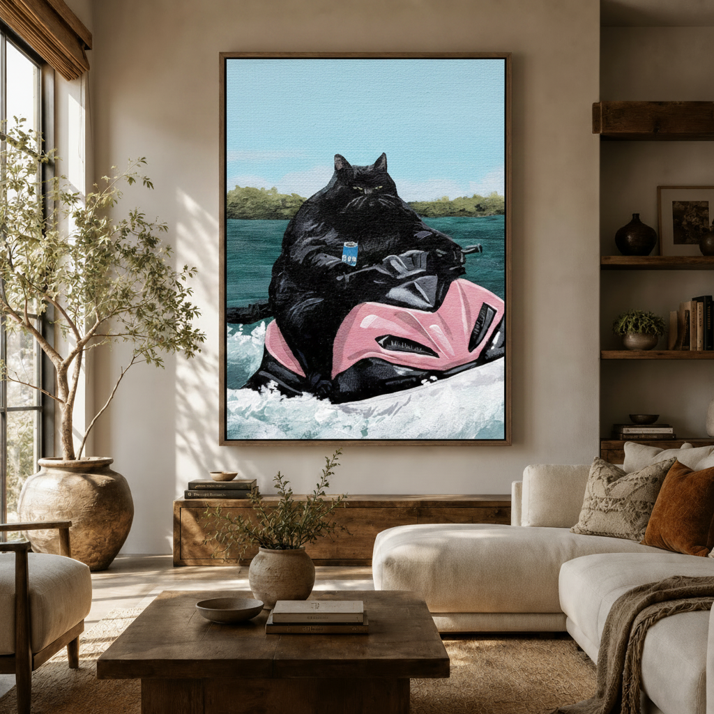 Funny black cat jet ski canvas wall art displayed in warm neutral living room above walnut credenza