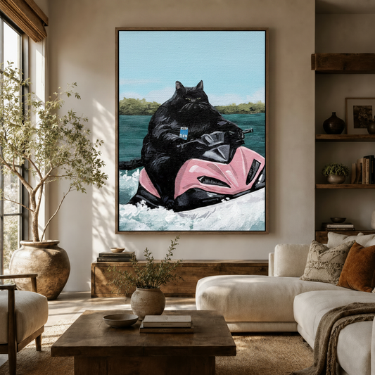 Funny black cat jet ski canvas wall art displayed in warm neutral living room above walnut credenza