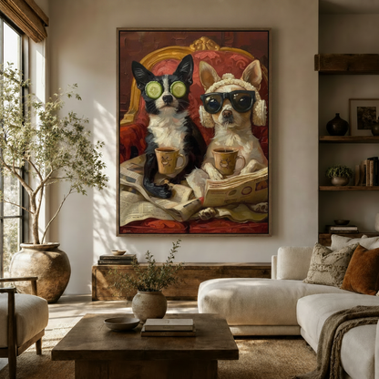 Funny spa day dogs baroque oil painting canvas print displayed in a warm Japandi living room above a sideboard