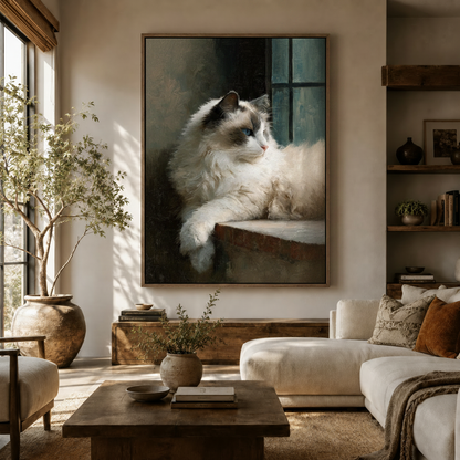 Classical Ragdoll cat portrait canvas wall art displayed above sideboard in warm neutral living room