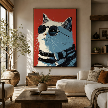 Bold graphic white cat sunglasses canvas wall art in warm neutral living room above walnut credenza