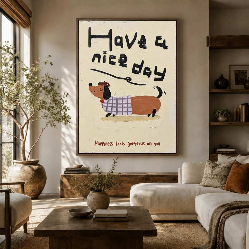 Naive oil painting canvas of dachshund in beret and plaid jacket displayed above console in warm neutral living room
