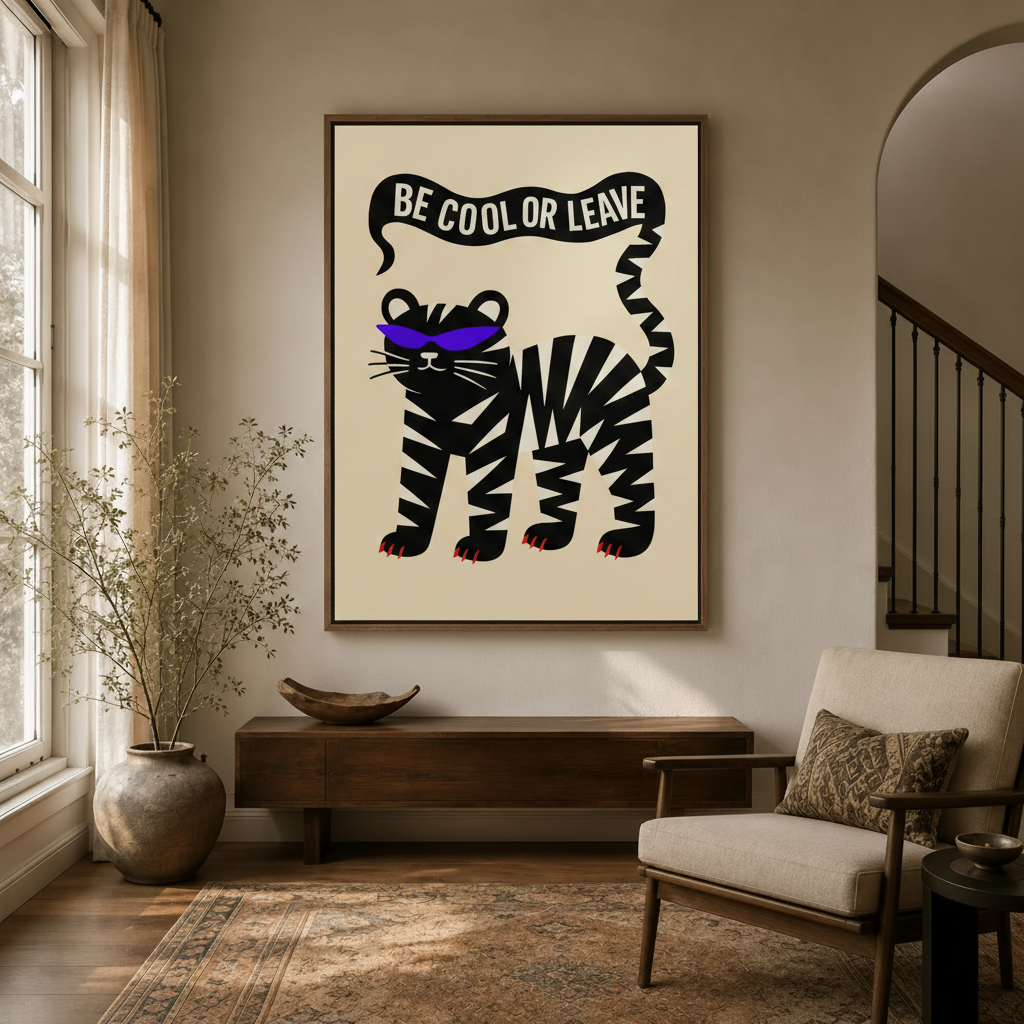 Tiger pop art canvas print in dark float frame above entryway console table