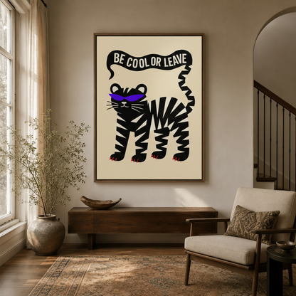 Tiger pop art canvas print in dark float frame above entryway console table