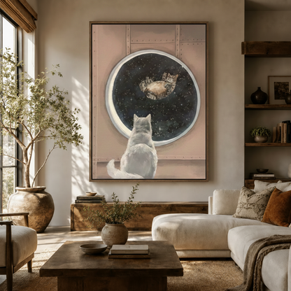 Space cat canvas wall art in living room, white cat gazing through spaceship porthole, float frame