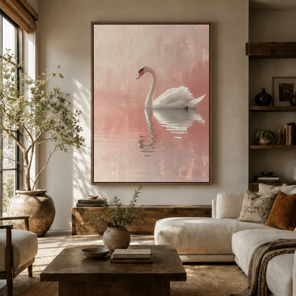 Romantic pink swan canvas wall art displayed above wooden sideboard in warm neutral living room