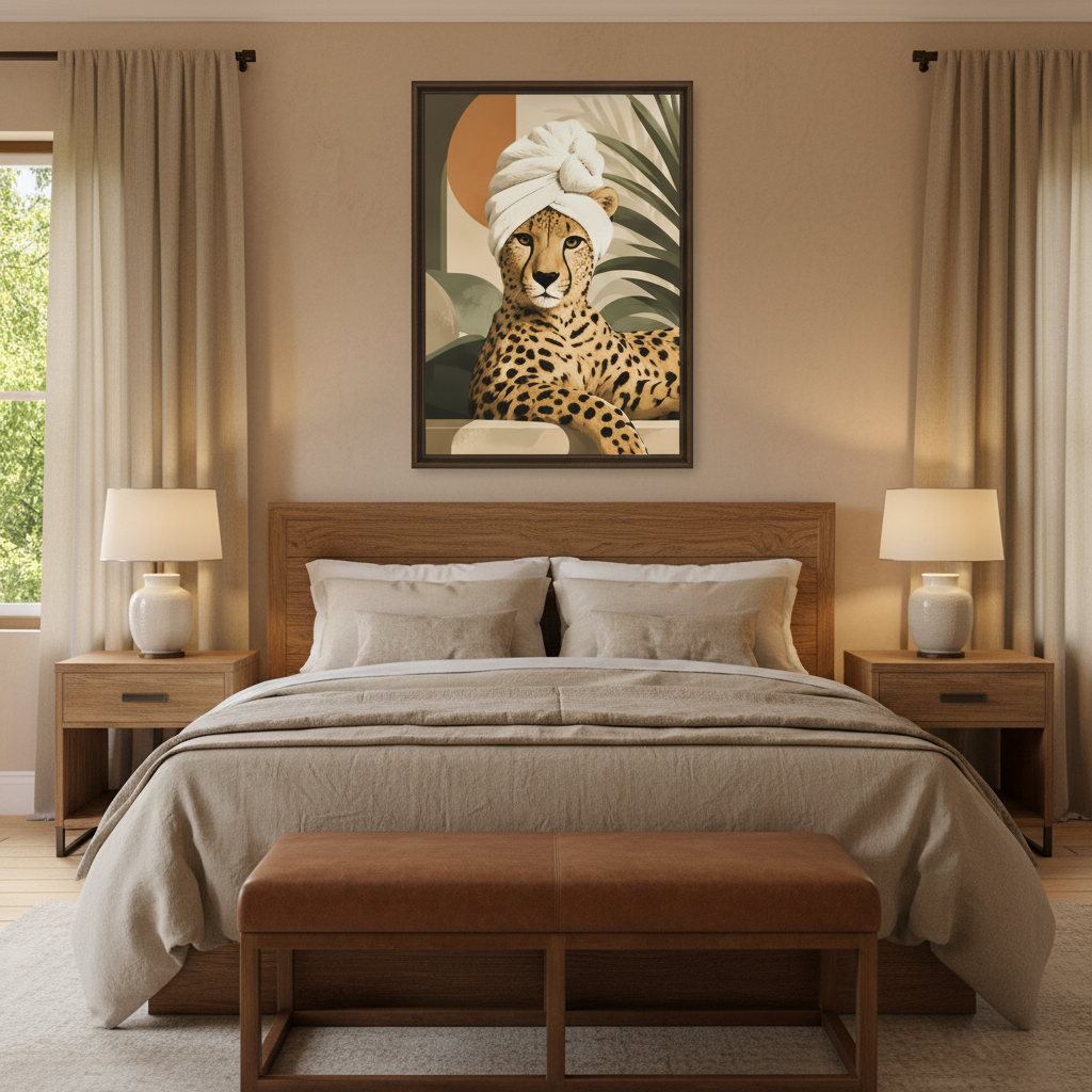 Framed boho animal canvas art above a bed in a cozy neutral bedroom with linen bedding