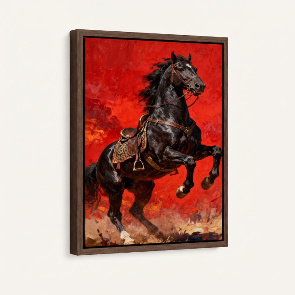 Black horse red sky framed canvas wall art – bold oil painting with rearing black stallion against dramatic crimson sky by Aurewall