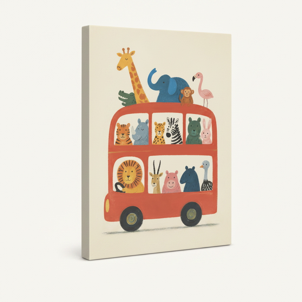 Stretched canvas kids wall art featuring colorful safari animals riding a red double-decker bus