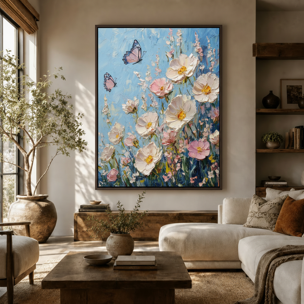 Impasto floral butterfly canvas wall art displayed above a wooden sideboard in a warm neutral living room