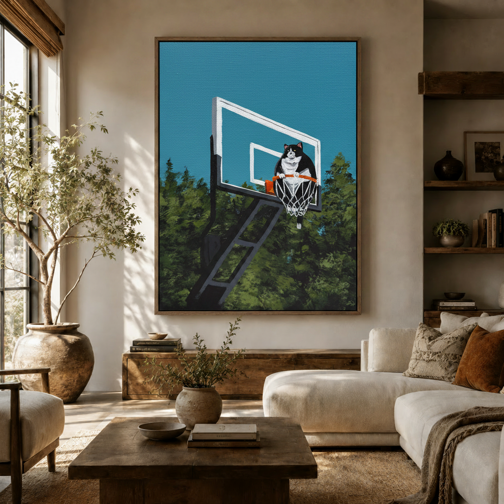 Fat cat on basketball hoop canvas wall art displayed above a wooden sideboard in a warm living room
