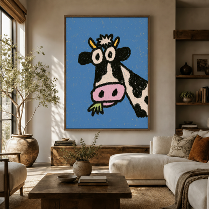  Funny cow pop art canvas print on cobalt blue background above sideboard in warm neutral living room
