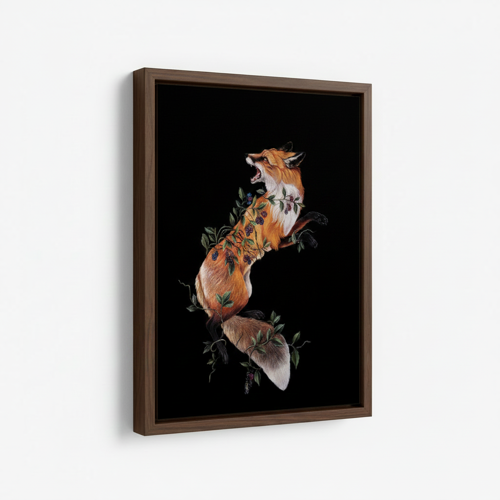 Leaping fox dark fantasy framed canvas wall art – dramatic oil painting with red fox mid-leap surrounded by scattered flowers and leaves on black background by Aurewall