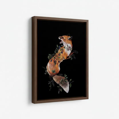 Leaping fox dark fantasy framed canvas wall art – dramatic oil painting with red fox mid-leap surrounded by scattered flowers and leaves on black background by Aurewall