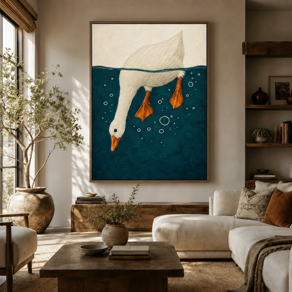 Whimsical diving goose canvas wall art displayed in a bright neutral living room above a wooden sideboard