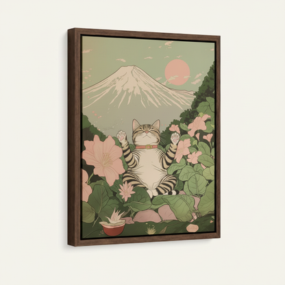 Japanese Mount Fuji framed canvas wall art – modern ukiyo-e illustration with cherry blossoms cranes and koi pond in sage and blush tones by Aurewall