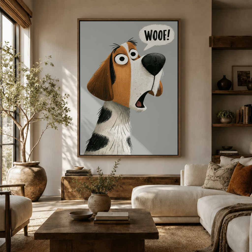 Funny cartoon dog canvas wall art displayed in a warm neutral living room above a wooden sideboard