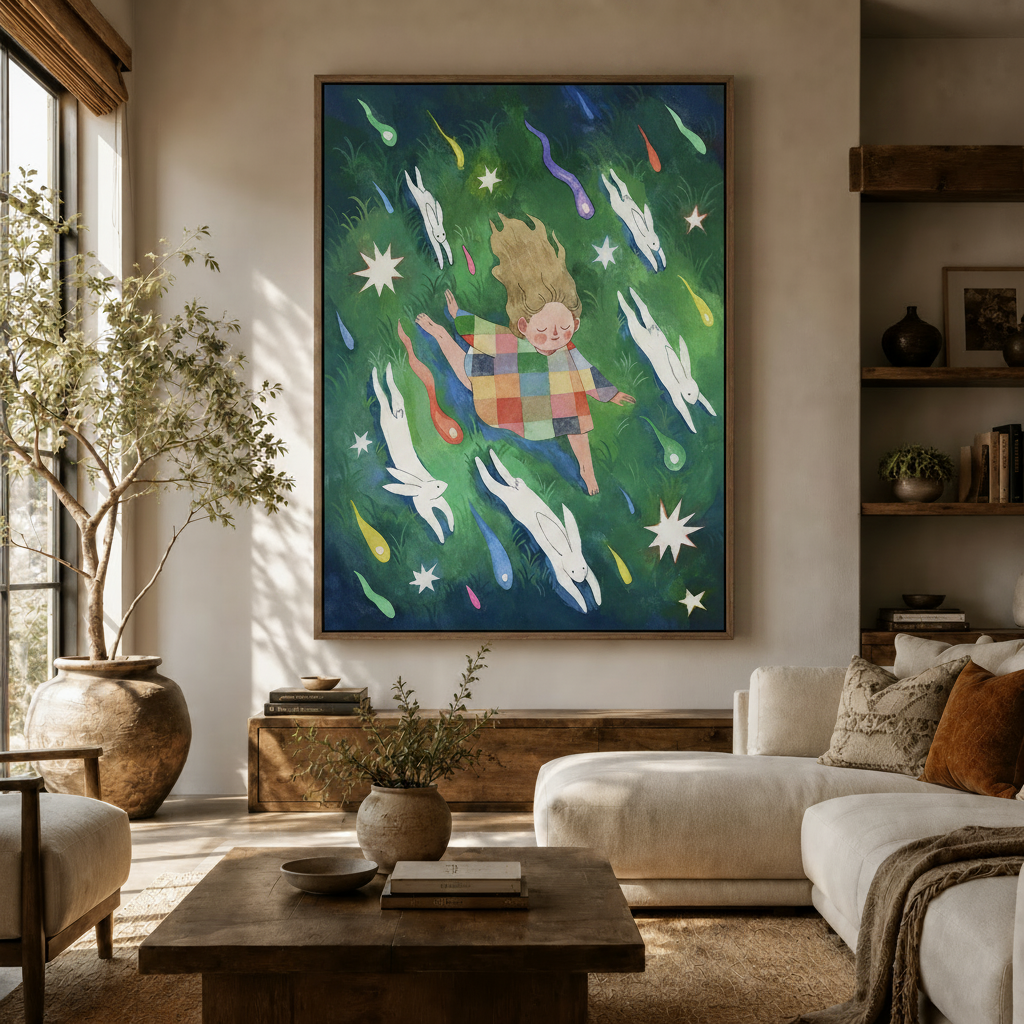 Dreamy watercolor girl and rabbits canvas wall art displayed above sofa in warm neutral living room