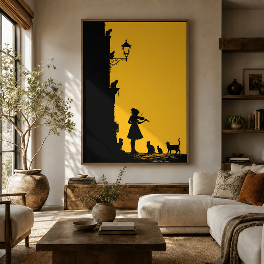 Violinist and cats golden silhouette canvas in walnut frame, displayed in a warm neutral living room with white sofa