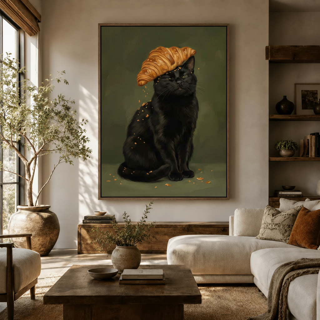 Funny black cat croissant hat canvas wall art displayed in a warm neutral living room