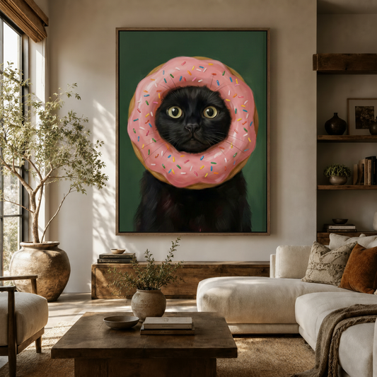 Whimsical black cat donut canvas art displayed above a cream sofa in a cozy living room