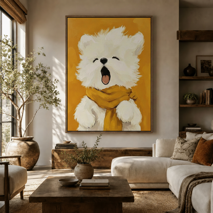Yawning white dog impasto oil painting canvas displayed in warm neutral living room setting
